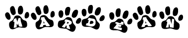 The image shows a series of animal paw prints arranged horizontally. Within each paw print, there's a letter; together they spell Mardean