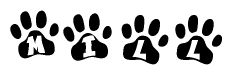 The image shows a series of animal paw prints arranged horizontally. Within each paw print, there's a letter; together they spell Mill