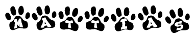 The image shows a series of animal paw prints arranged horizontally. Within each paw print, there's a letter; together they spell Mattias