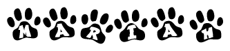 The image shows a series of animal paw prints arranged in a horizontal line. Each paw print contains a letter, and together they spell out the word Mariah.