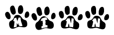 The image shows a series of animal paw prints arranged in a horizontal line. Each paw print contains a letter, and together they spell out the word Minn.