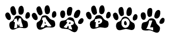 The image shows a series of animal paw prints arranged in a horizontal line. Each paw print contains a letter, and together they spell out the word Marpol.
