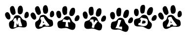 The image shows a series of animal paw prints arranged horizontally. Within each paw print, there's a letter; together they spell Matylda