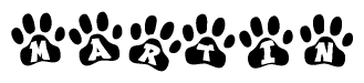The image shows a row of animal paw prints, each containing a letter. The letters spell out the word Martin within the paw prints.