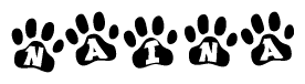 The image shows a series of animal paw prints arranged horizontally. Within each paw print, there's a letter; together they spell Naina