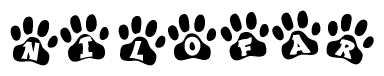 The image shows a series of animal paw prints arranged in a horizontal line. Each paw print contains a letter, and together they spell out the word Nilofar.