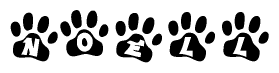 The image shows a series of animal paw prints arranged horizontally. Within each paw print, there's a letter; together they spell Noell
