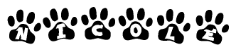 The image shows a row of animal paw prints, each containing a letter. The letters spell out the word Nicole within the paw prints.