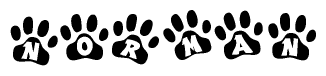 The image shows a row of animal paw prints, each containing a letter. The letters spell out the word Norman within the paw prints.