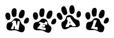 The image shows a series of animal paw prints arranged in a horizontal line. Each paw print contains a letter, and together they spell out the word Neal.