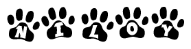 The image shows a row of animal paw prints, each containing a letter. The letters spell out the word Niloy within the paw prints.