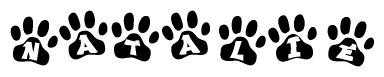 The image shows a series of animal paw prints arranged in a horizontal line. Each paw print contains a letter, and together they spell out the word Natalie.