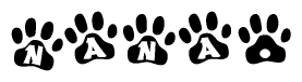 The image shows a series of animal paw prints arranged in a horizontal line. Each paw print contains a letter, and together they spell out the word Nana.