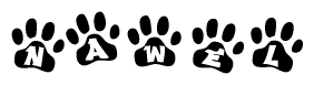 The image shows a series of animal paw prints arranged horizontally. Within each paw print, there's a letter; together they spell Nawel