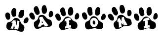 The image shows a series of animal paw prints arranged horizontally. Within each paw print, there's a letter; together they spell Naiomi