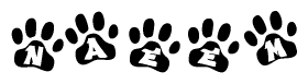 The image shows a series of animal paw prints arranged horizontally. Within each paw print, there's a letter; together they spell Naeem