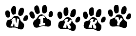 The image shows a row of animal paw prints, each containing a letter. The letters spell out the word Nikky within the paw prints.