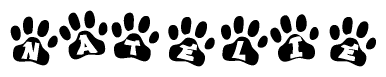 The image shows a row of animal paw prints, each containing a letter. The letters spell out the word Natelie within the paw prints.