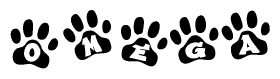 The image shows a row of animal paw prints, each containing a letter. The letters spell out the word Omega within the paw prints.