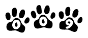 The image shows a series of animal paw prints arranged in a horizontal line. Each paw print contains a letter, and together they spell out the word Oo9.