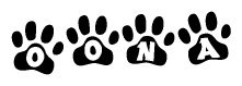 The image shows a row of animal paw prints, each containing a letter. The letters spell out the word Oona within the paw prints.