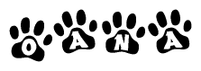 The image shows a series of animal paw prints arranged in a horizontal line. Each paw print contains a letter, and together they spell out the word Oana.