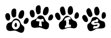 The image shows a series of animal paw prints arranged in a horizontal line. Each paw print contains a letter, and together they spell out the word Otis.