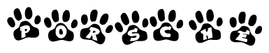 The image shows a series of animal paw prints arranged horizontally. Within each paw print, there's a letter; together they spell Porsche