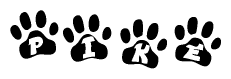 The image shows a series of animal paw prints arranged horizontally. Within each paw print, there's a letter; together they spell Pike
