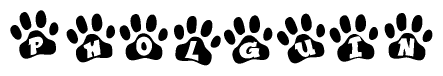 The image shows a series of animal paw prints arranged in a horizontal line. Each paw print contains a letter, and together they spell out the word Pholguin.