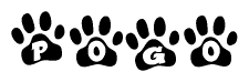 The image shows a row of animal paw prints, each containing a letter. The letters spell out the word Pogo within the paw prints.