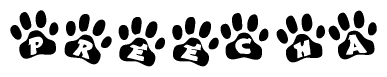 The image shows a series of animal paw prints arranged horizontally. Within each paw print, there's a letter; together they spell Preecha