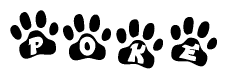 The image shows a series of animal paw prints arranged horizontally. Within each paw print, there's a letter; together they spell Poke