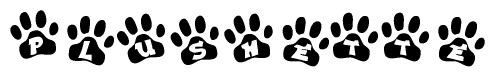 The image shows a series of animal paw prints arranged in a horizontal line. Each paw print contains a letter, and together they spell out the word Plushette.