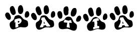 The image shows a series of animal paw prints arranged in a horizontal line. Each paw print contains a letter, and together they spell out the word Patia.