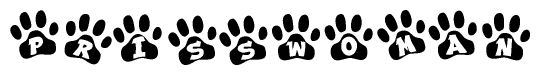 The image shows a series of animal paw prints arranged in a horizontal line. Each paw print contains a letter, and together they spell out the word Prisswoman.
