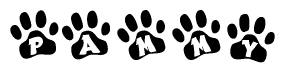 The image shows a row of animal paw prints, each containing a letter. The letters spell out the word Pammy within the paw prints.