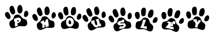 The image shows a row of animal paw prints, each containing a letter. The letters spell out the word Phousley within the paw prints.
