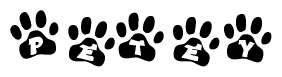 The image shows a row of animal paw prints, each containing a letter. The letters spell out the word Petey within the paw prints.