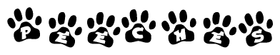 The image shows a series of animal paw prints arranged in a horizontal line. Each paw print contains a letter, and together they spell out the word Peeches.