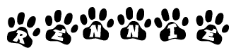 The image shows a series of animal paw prints arranged in a horizontal line. Each paw print contains a letter, and together they spell out the word Rennie.