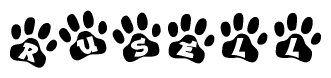 The image shows a series of animal paw prints arranged horizontally. Within each paw print, there's a letter; together they spell Rusell