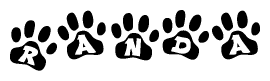 The image shows a series of animal paw prints arranged in a horizontal line. Each paw print contains a letter, and together they spell out the word Randa.