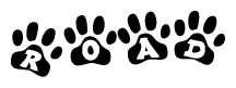 The image shows a series of animal paw prints arranged horizontally. Within each paw print, there's a letter; together they spell Road