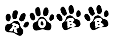 The image shows a row of animal paw prints, each containing a letter. The letters spell out the word Robb within the paw prints.