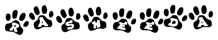 The image shows a series of animal paw prints arranged in a horizontal line. Each paw print contains a letter, and together they spell out the word Rasheeda.