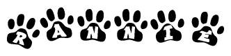The image shows a series of animal paw prints arranged horizontally. Within each paw print, there's a letter; together they spell Rannie