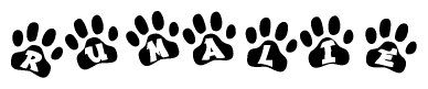 The image shows a row of animal paw prints, each containing a letter. The letters spell out the word Rumalie within the paw prints.
