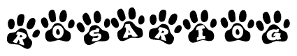 The image shows a series of animal paw prints arranged horizontally. Within each paw print, there's a letter; together they spell Rosariog