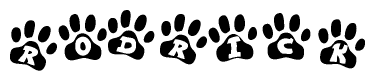 The image shows a series of animal paw prints arranged in a horizontal line. Each paw print contains a letter, and together they spell out the word Rodrick.
